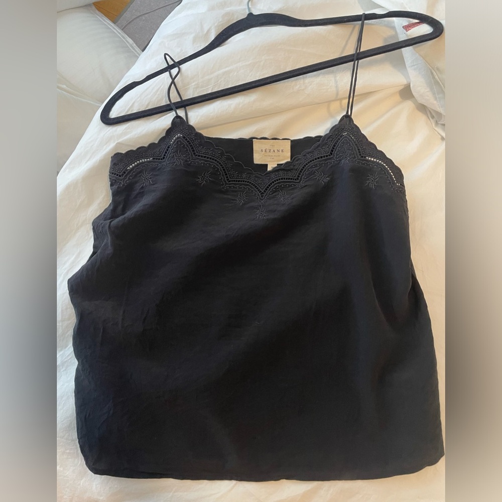 Sezane Black Lace-Trim Silk Cami Tank Top